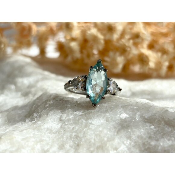 Aquamarine Marquise Cut Semi-Precious Sterling Silver 925 Vintage Ring - sz 6 - Picture 8 of 12